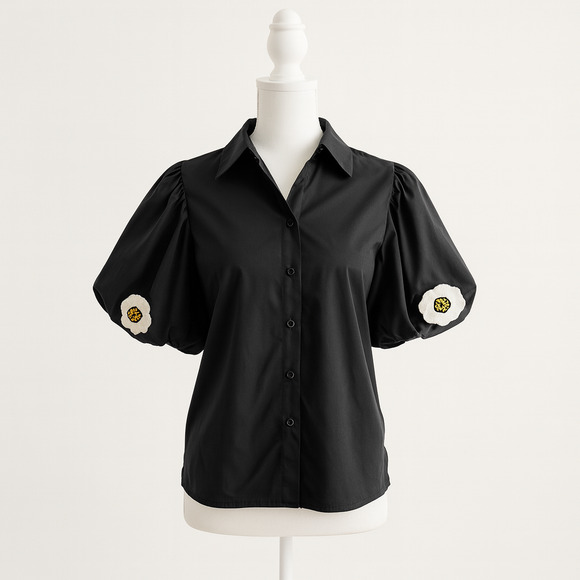 y Design S Black Puff Sleeve Button Up Embroidered Top NWT Poplin Holiday Chic - Picture 1 of 13